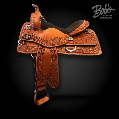 Tim McQuay custom western reining saddle handcrafted for competitive riding performance.